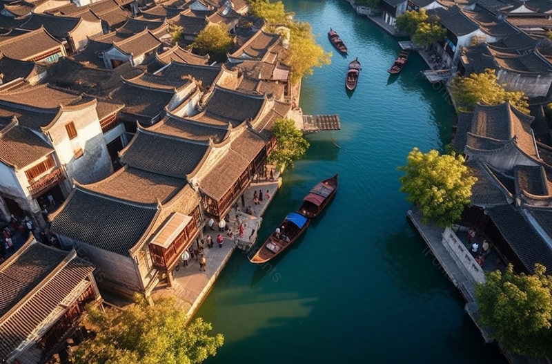 航拍江南水乡亭台楼阁古镇午后的乌镇西栅,高清,摄影图,摄影图片,图片大全,摄影图免费下载